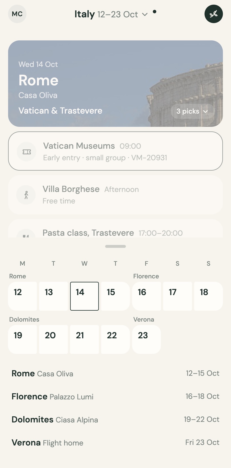 The whole trip as a calendar, with stays grouped by city